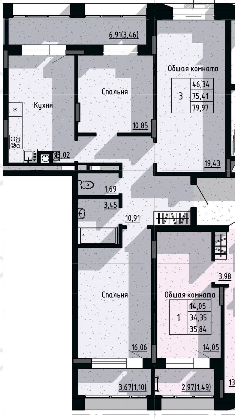 3 комн., 80.0 м²