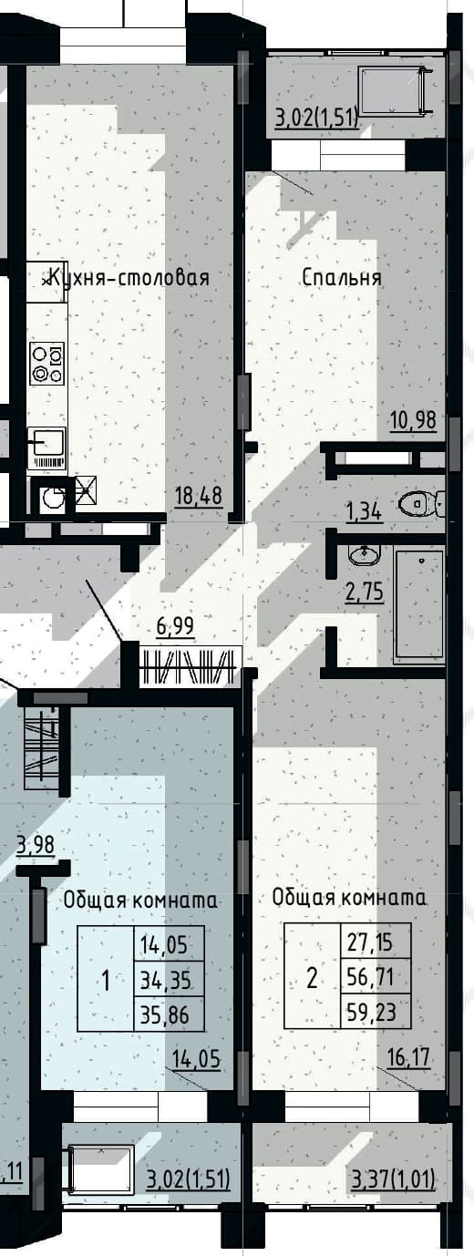 2 комн., 59.2 м²