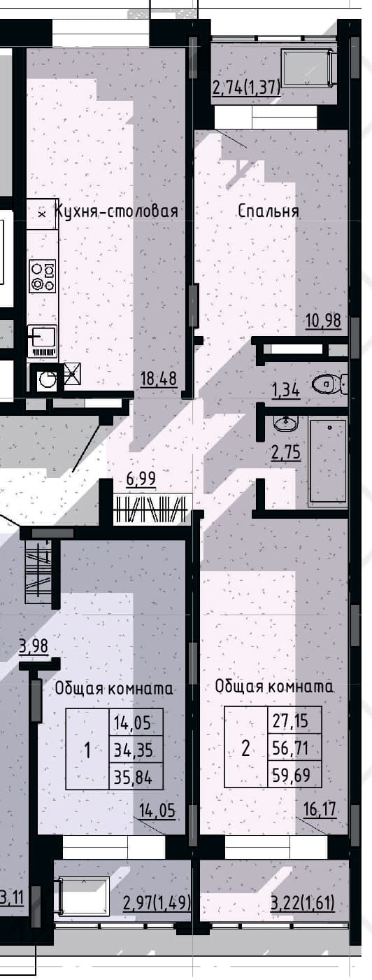 2 комн., 59.7 м²