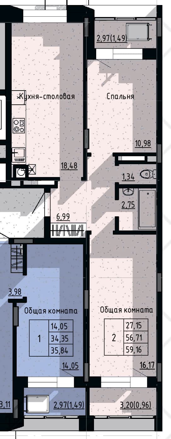 2 комн., 59.2 м²