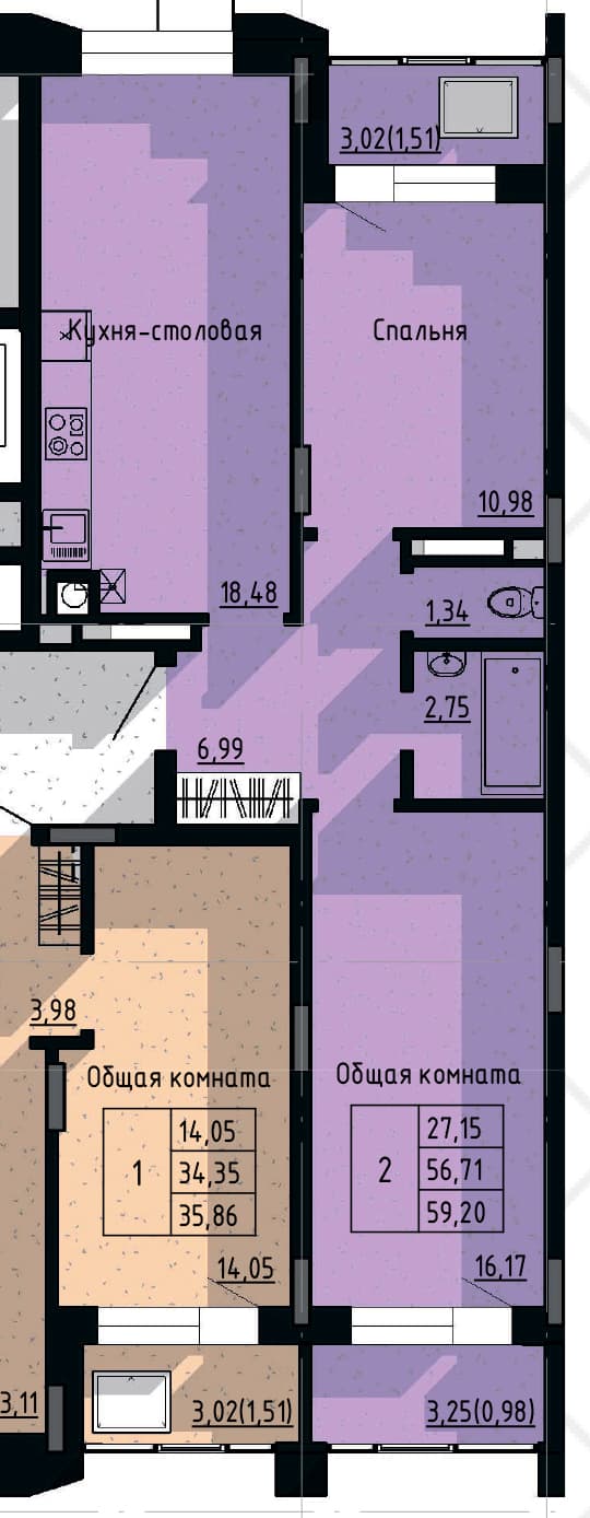 2 комн., 59.2 м²