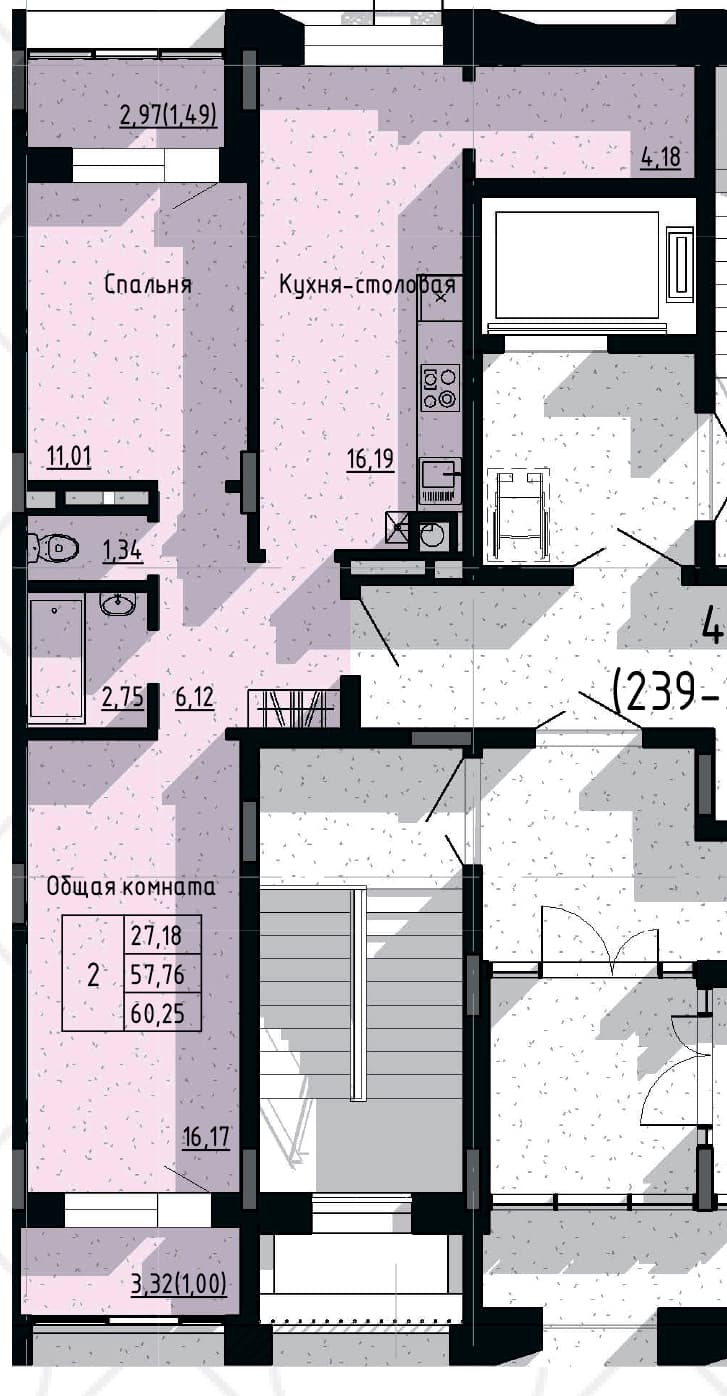 2 комн., 60.3 м²