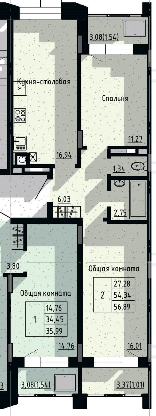 2 комн., 56.9 м²