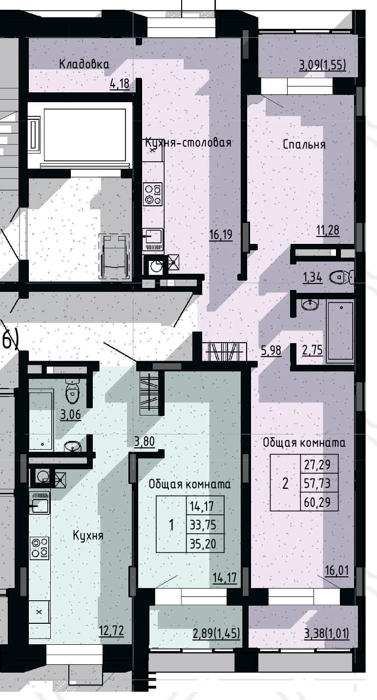 2 комн., 60.3 м²