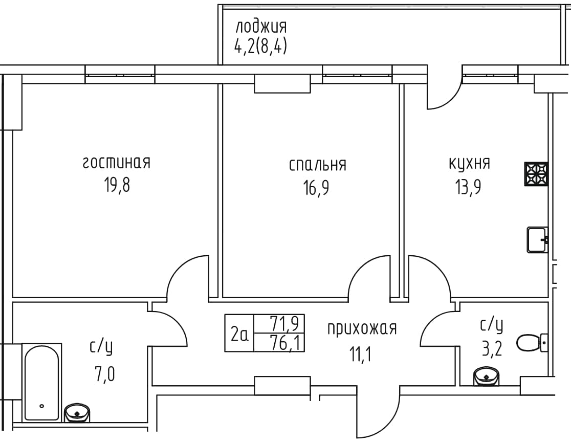 2 комн., 76.1 м²