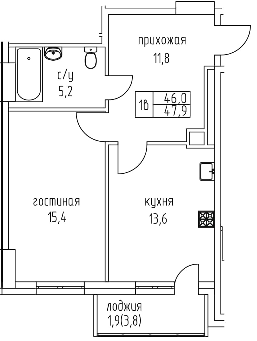 1 комн., 47.9 м²