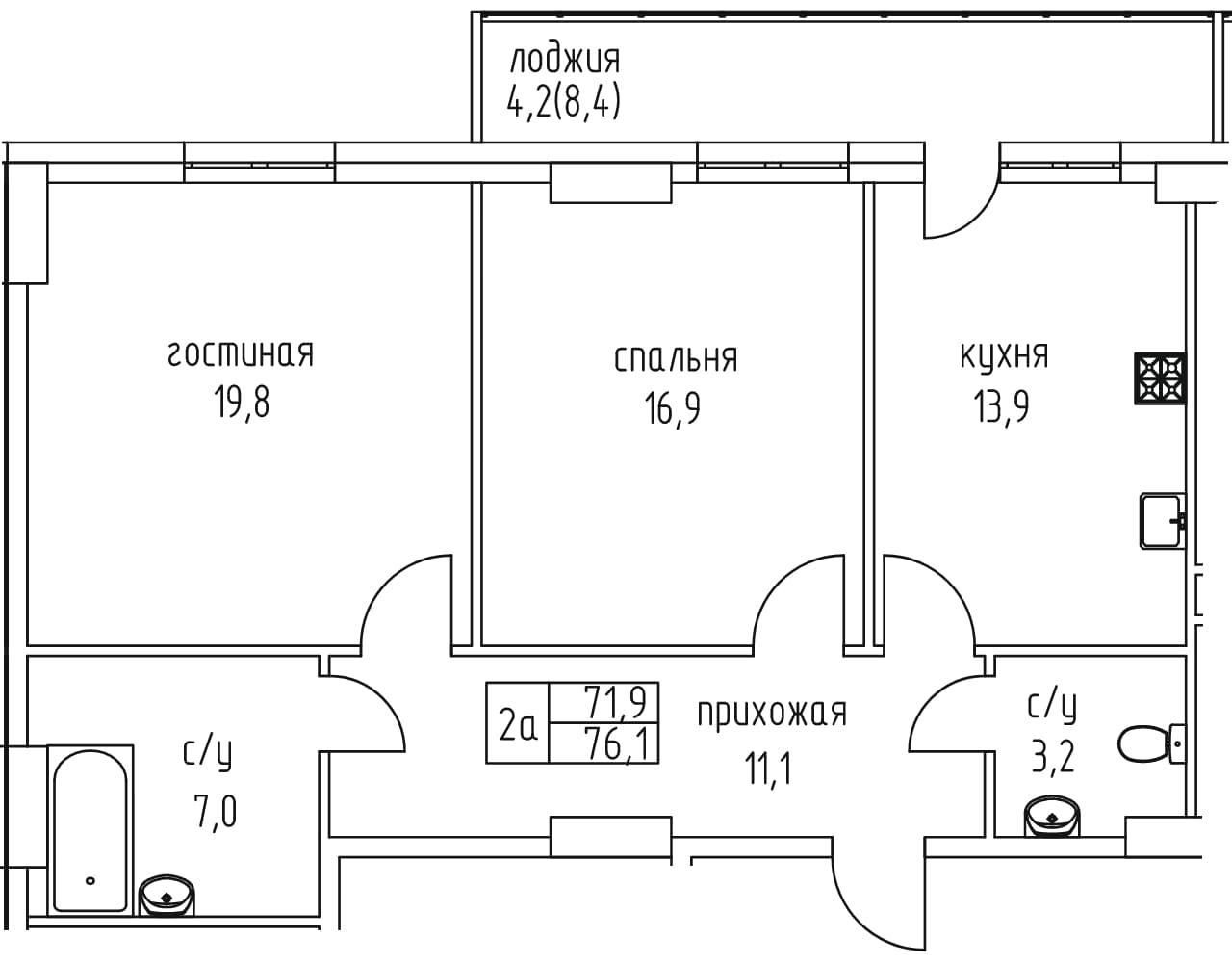 2 комн., 76.1 м²