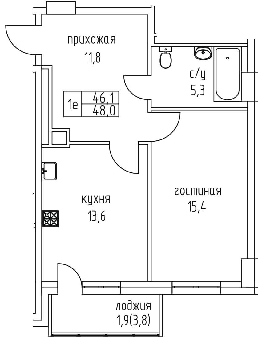 1 комн., 48.0 м²