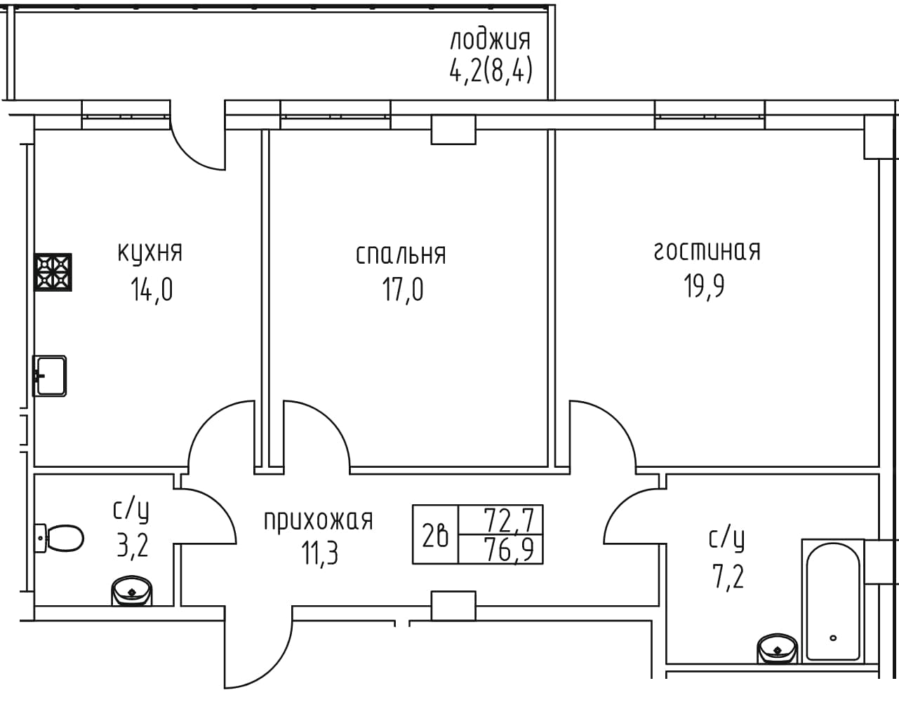 2 комн., 76.9 м²