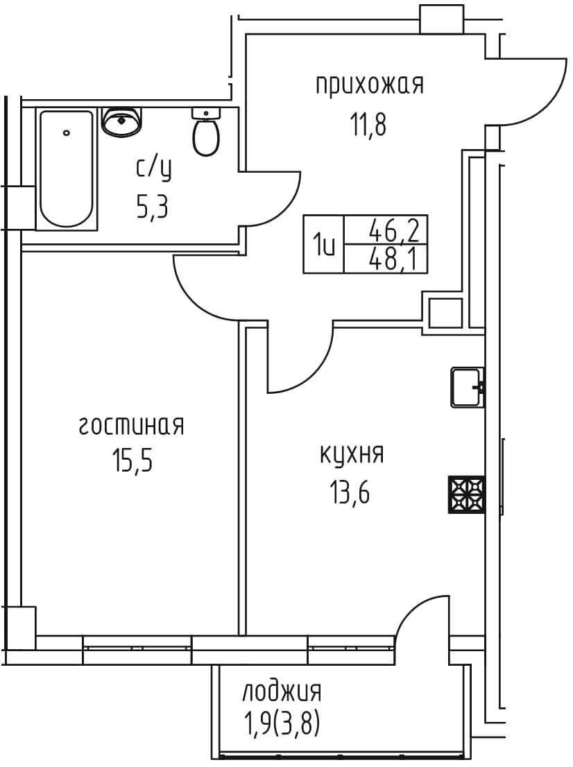 1 комн., 48.1 м²