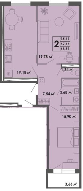 2 комн., 68.5 м²