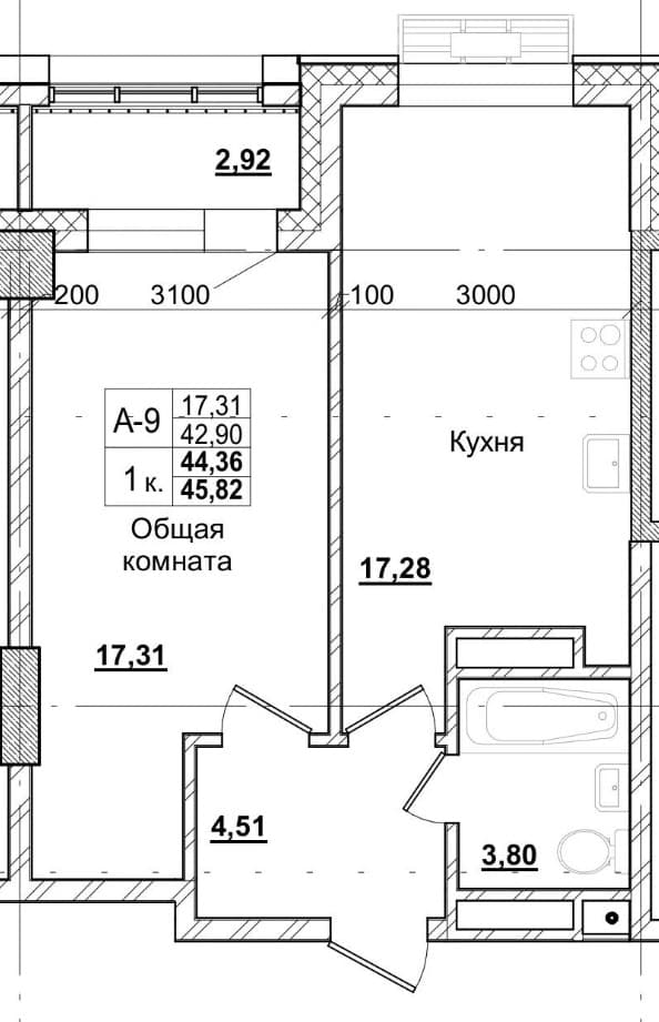1 комн., 45.0 м²