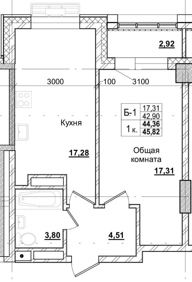 1 комн., 44.8 м²