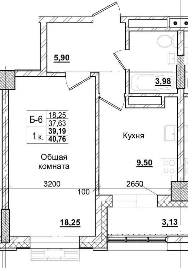 1 комн., 39.8 м²
