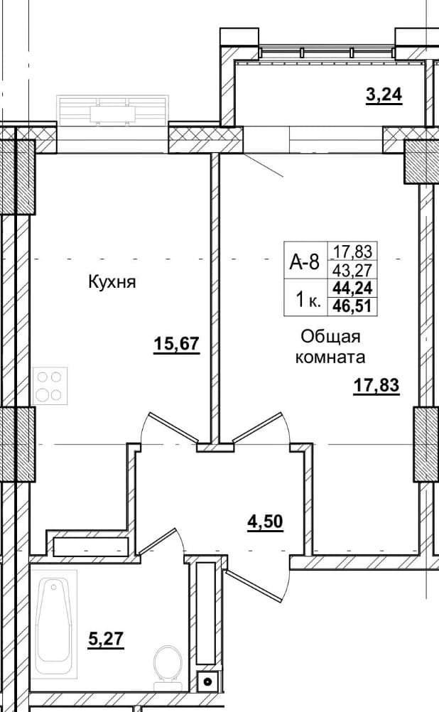 1 комн., 44.7 м²