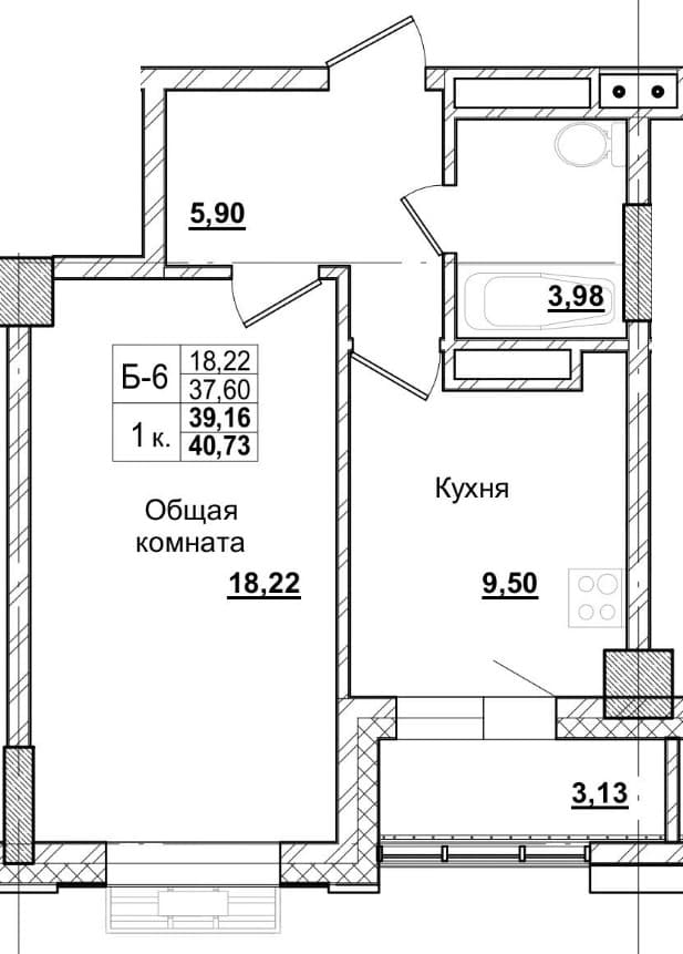 1 комн., 39.6 м²