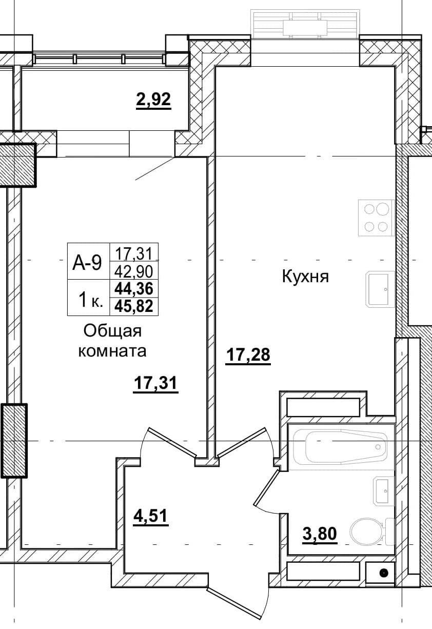 1 комн., 44.6 м²