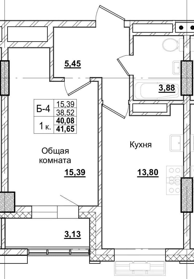 1 комн., 40.3 м²