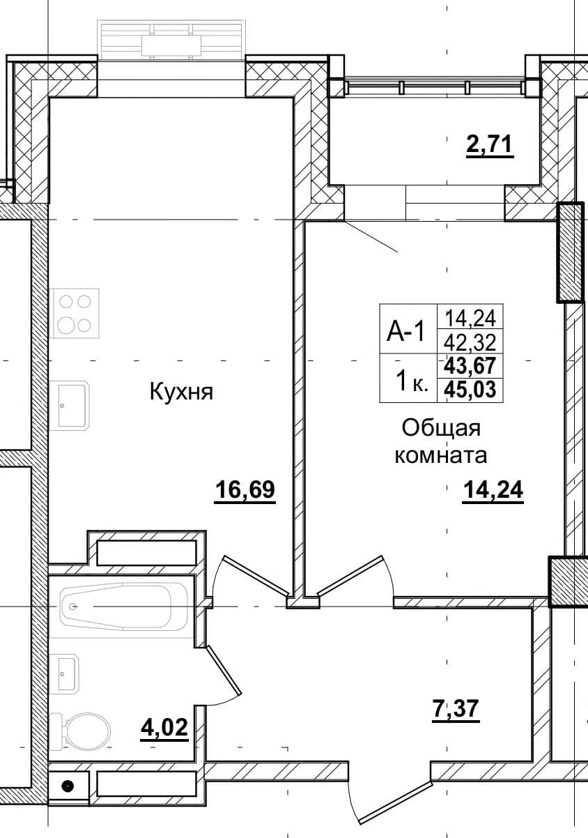 1 комн., 44.0 м²