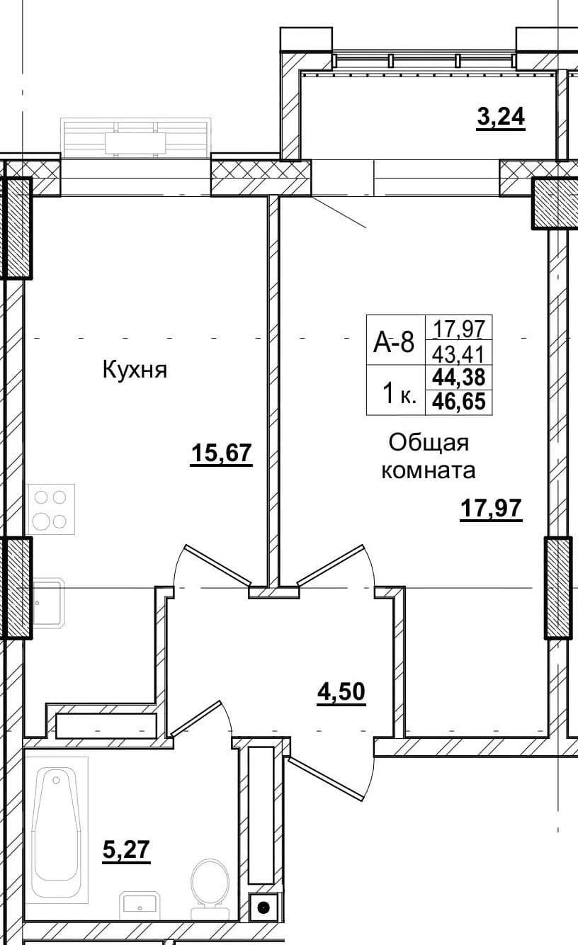 1 комн., 44.5 м²