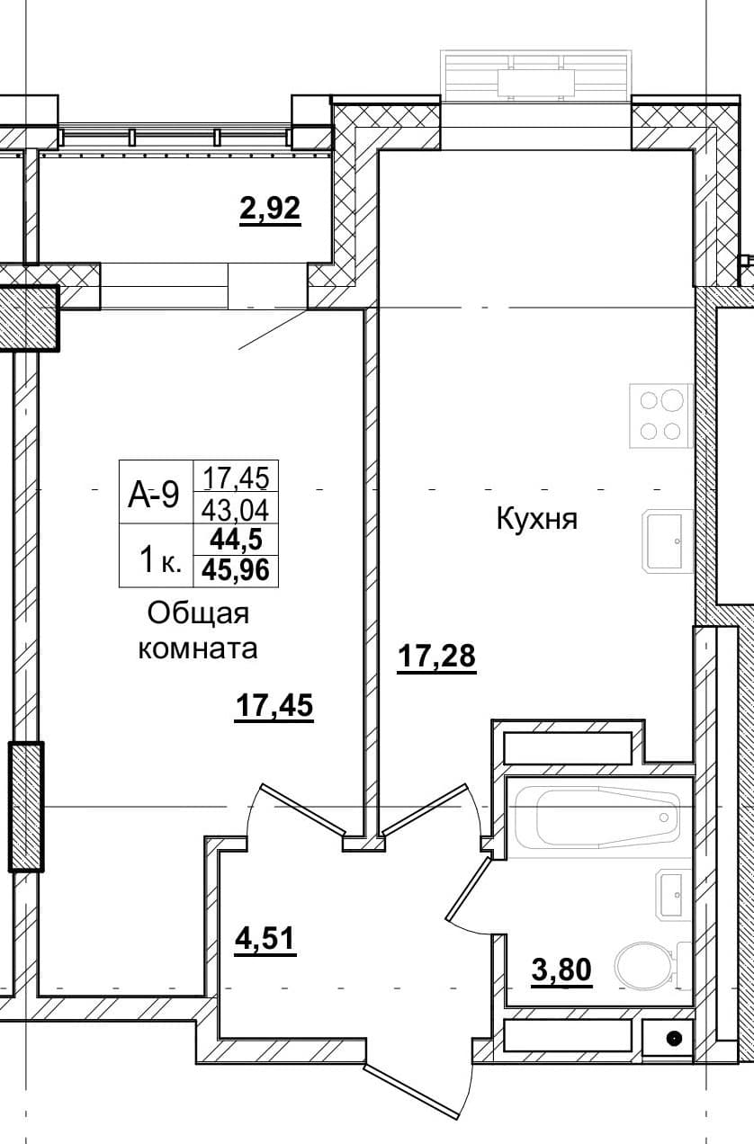 1 комн., 44.4 м²