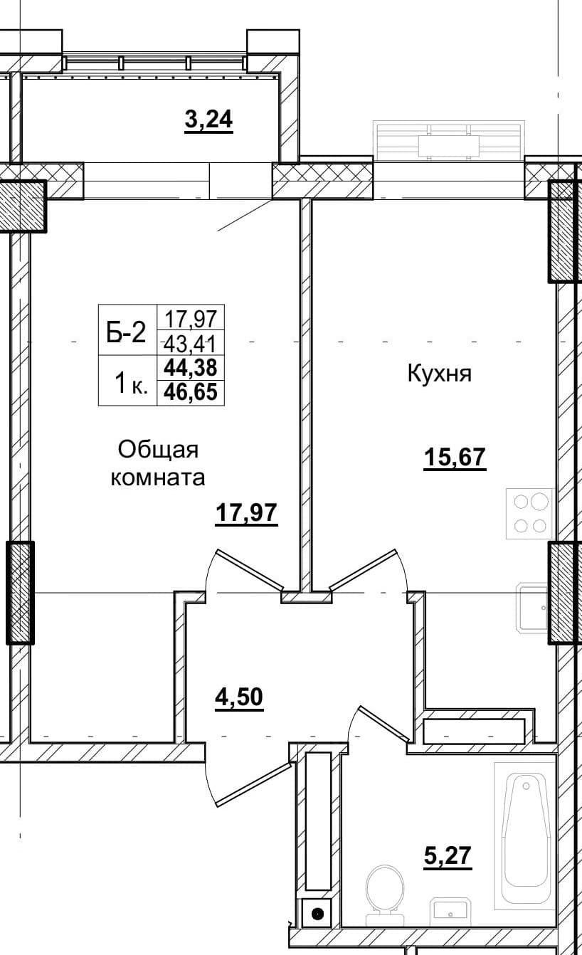 1 комн., 44.5 м²
