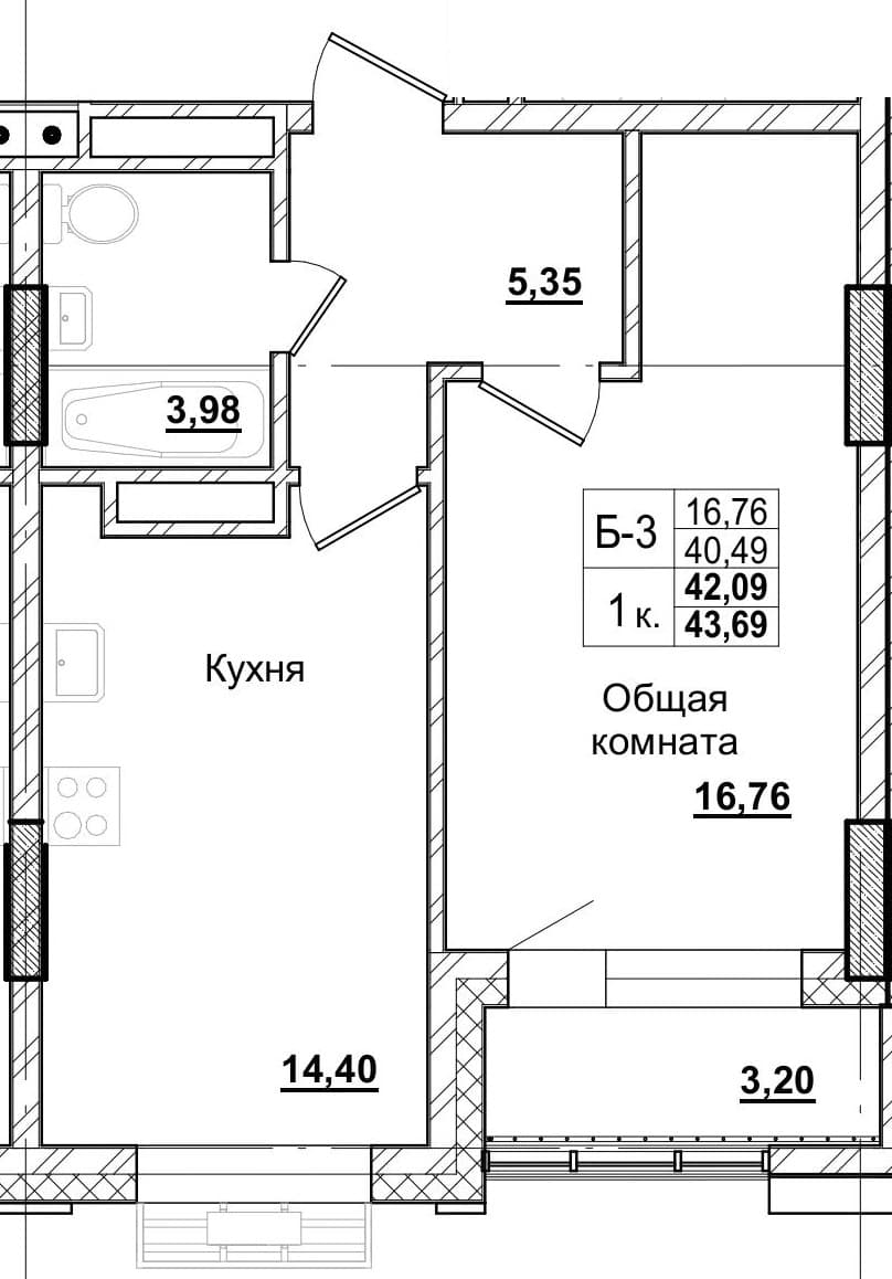 1 комн., 42.0 м²