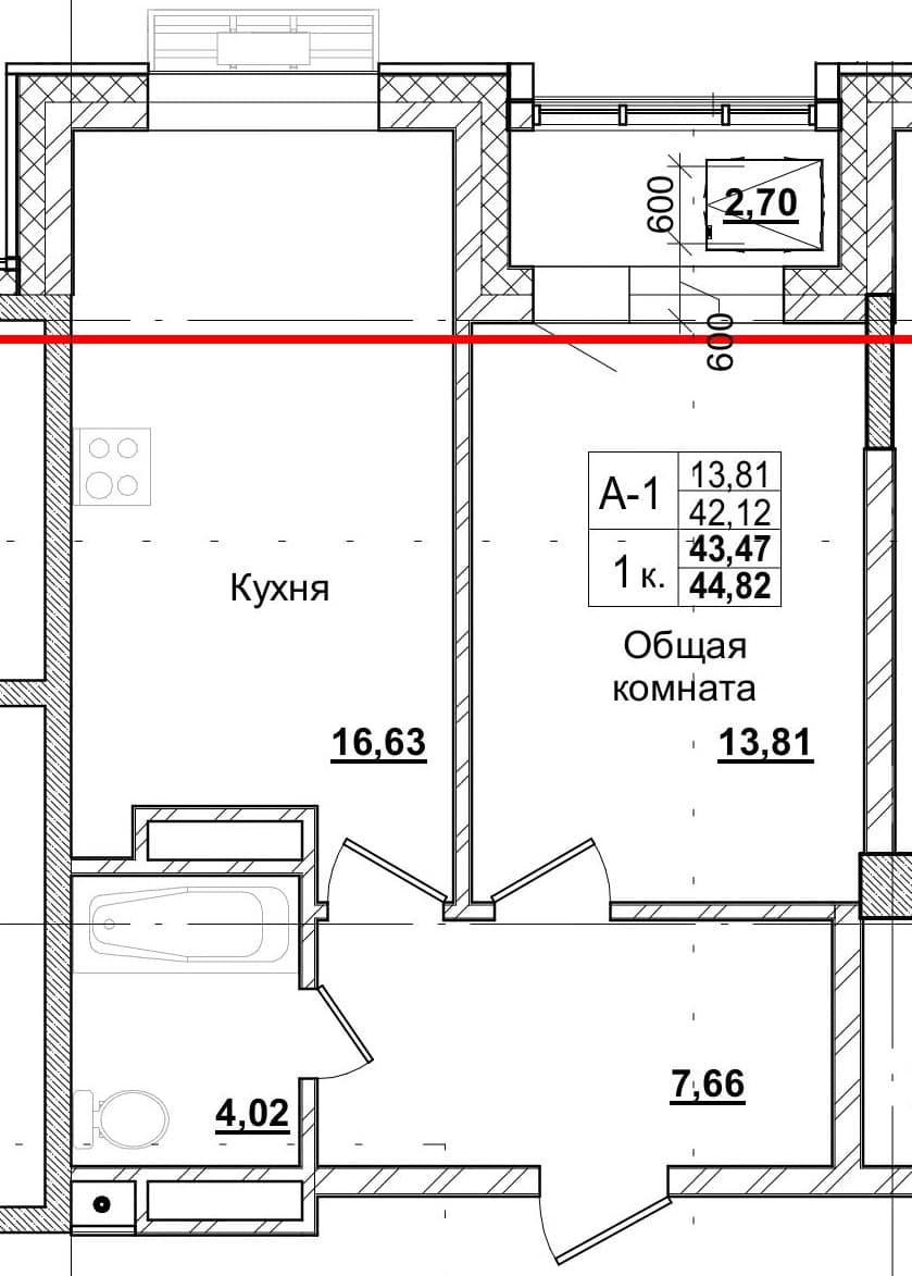 1 комн., 43.4 м²