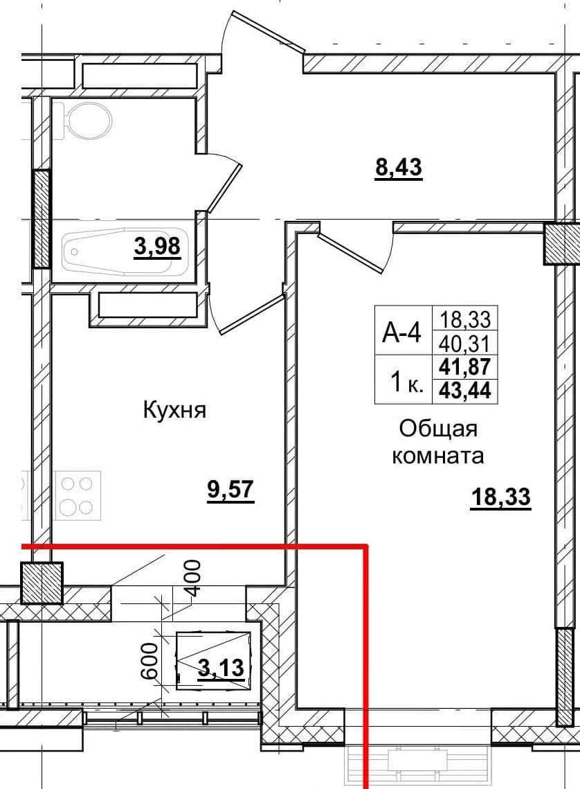 1 комн., 39.5 м²