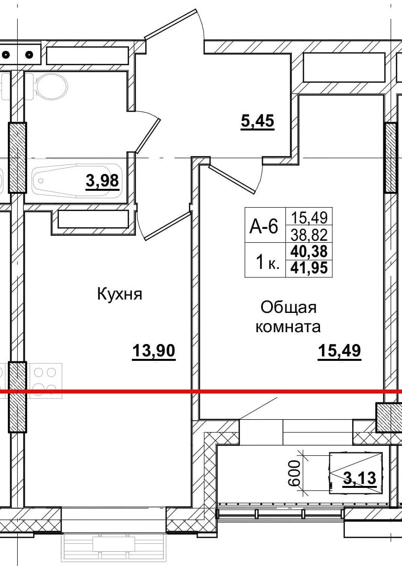 1 комн., 40.1 м²
