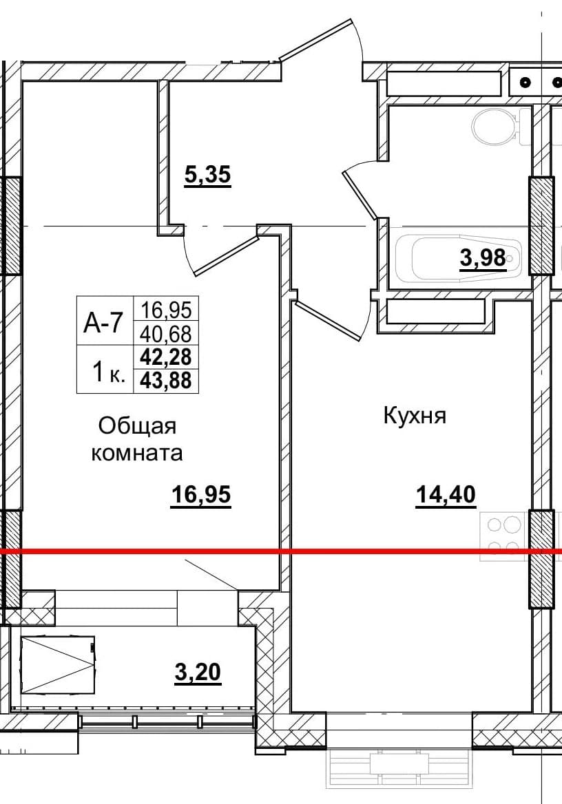 1 комн., 42.0 м²