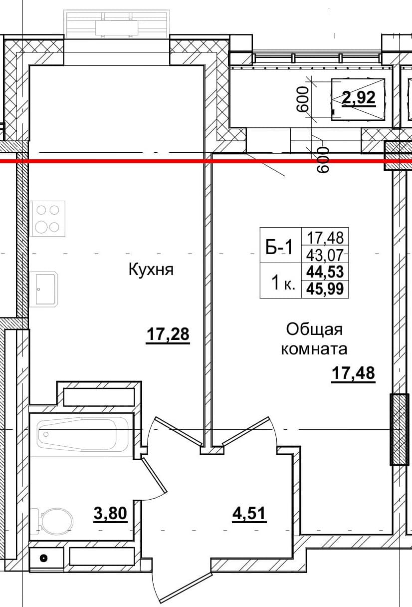 1 комн., 44.3 м²