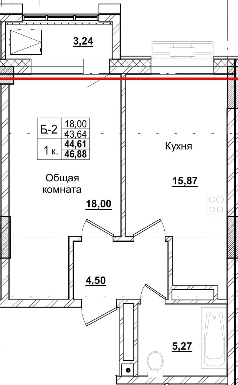 1 комн., 44.5 м²