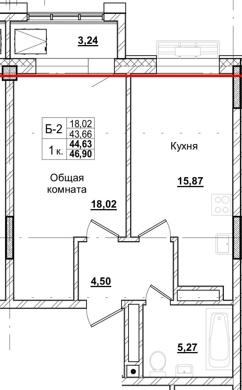 1 комн., 44.1 м²