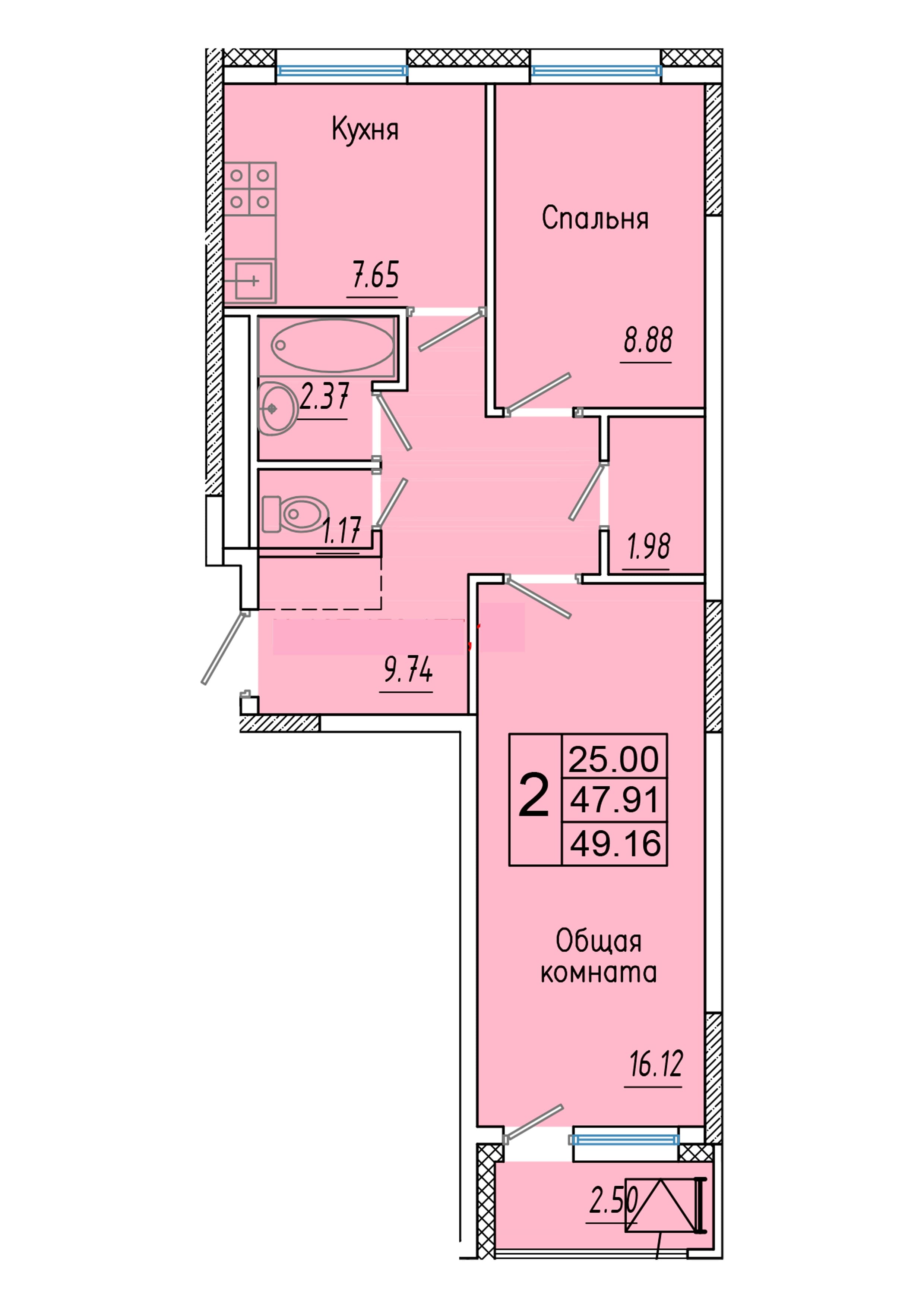 2 комн., 49.2 м²