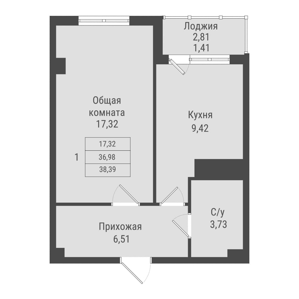 1 комн., 38.4 м²