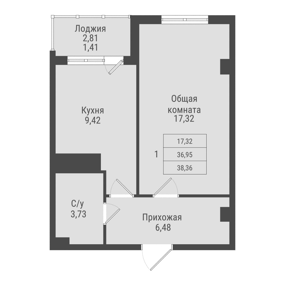 1 комн., 38.4 м²