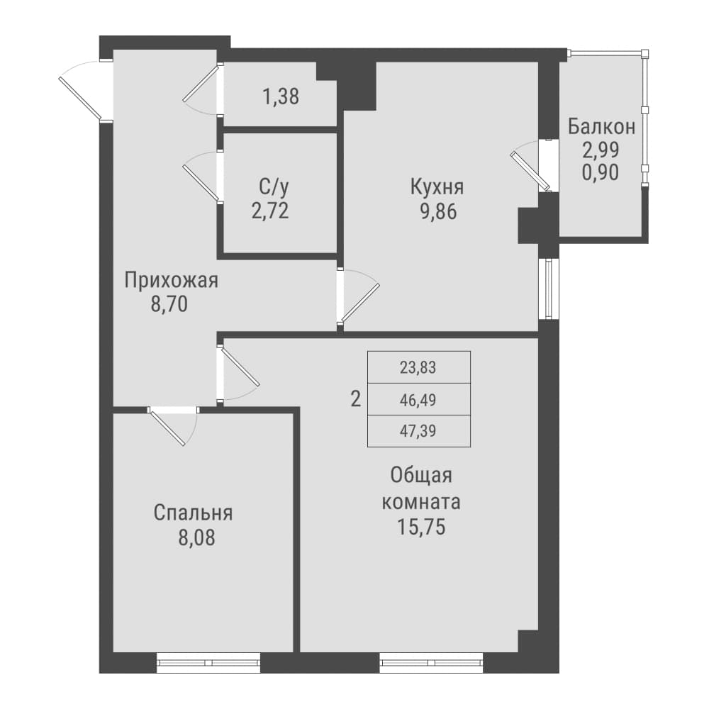 2 комн., 47.4 м²