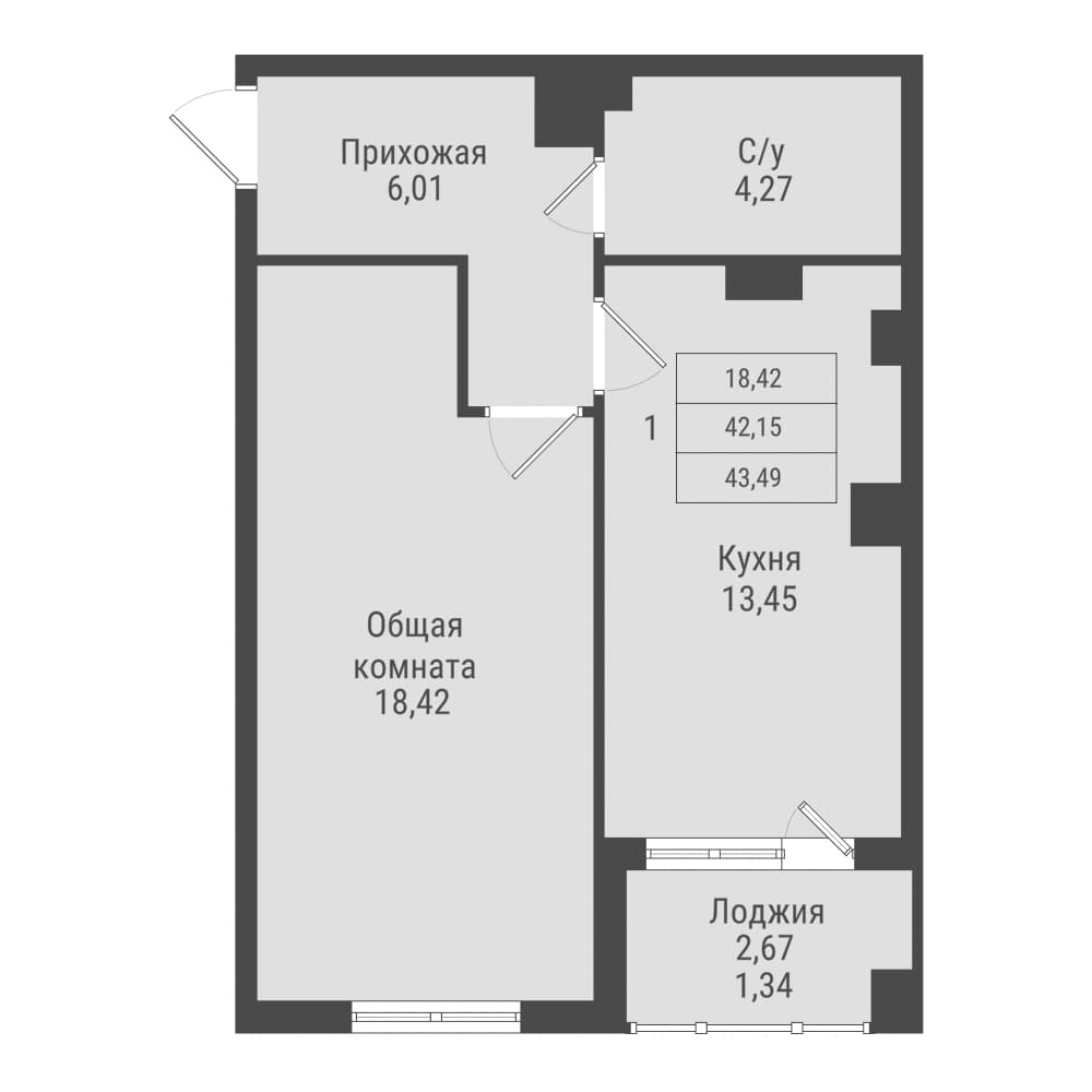 1 комн., 43.5 м²