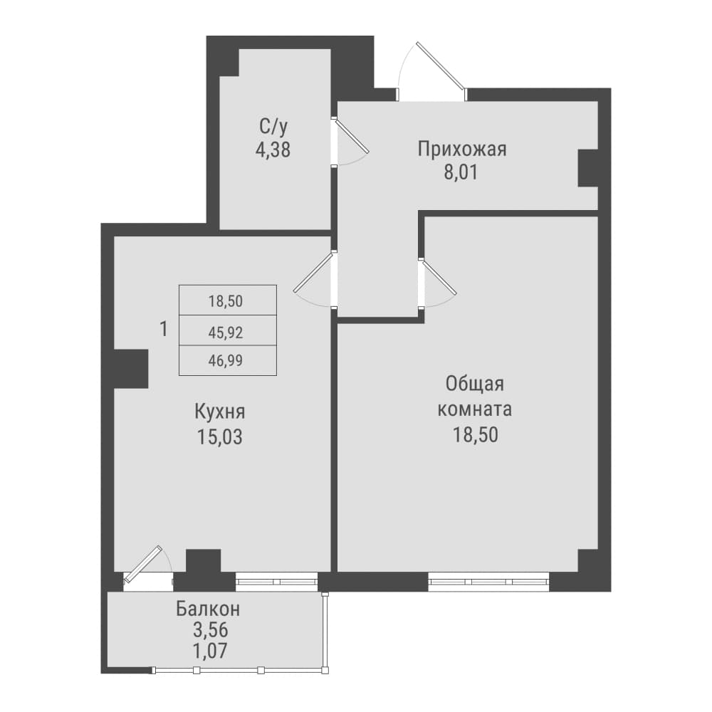 1 комн., 47.0 м²