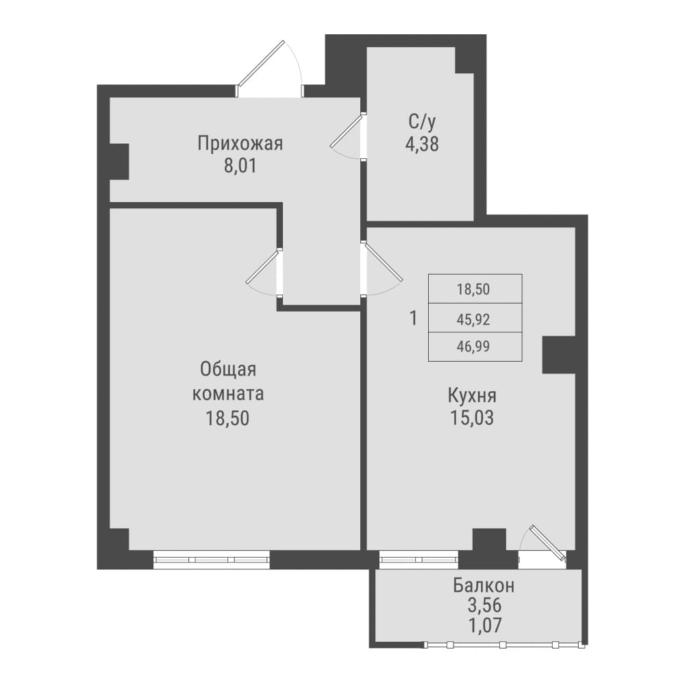 1 комн., 47.0 м²