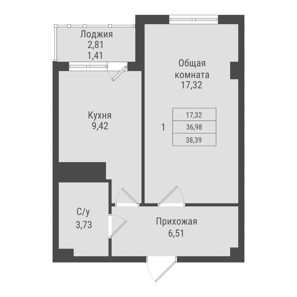 1 комн., 38.4 м²