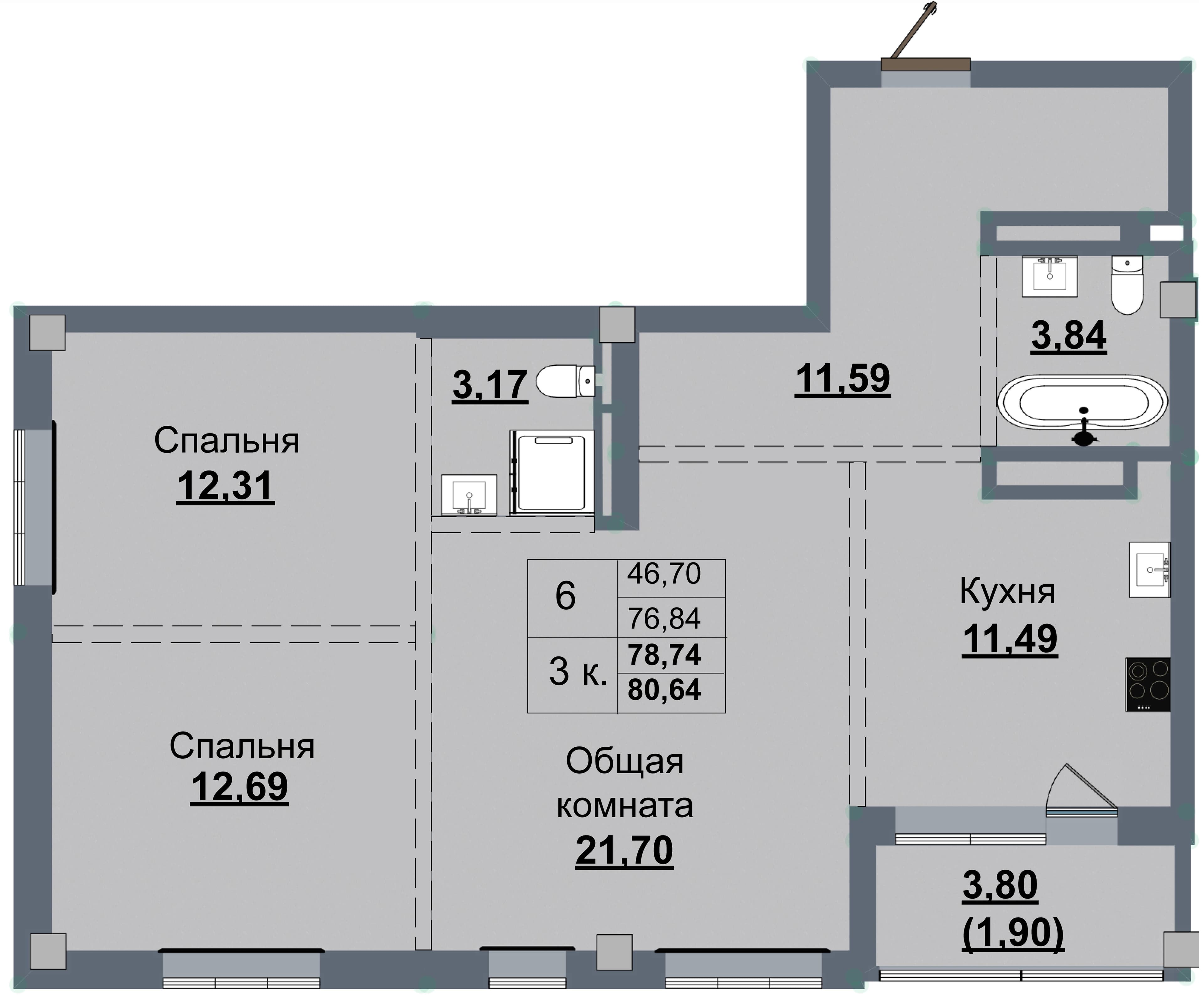 3 комн., 78.7 м²