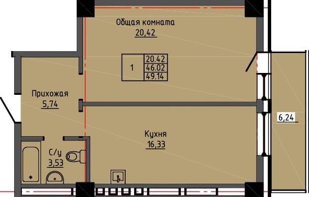 1 комн., 49.1 м²
