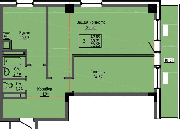 2 комн., 85.2 м²