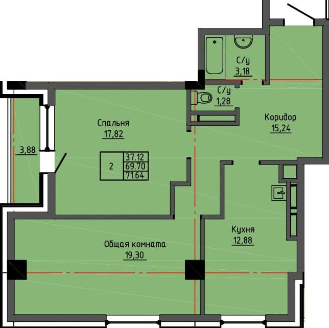2 комн., 88.6 м²