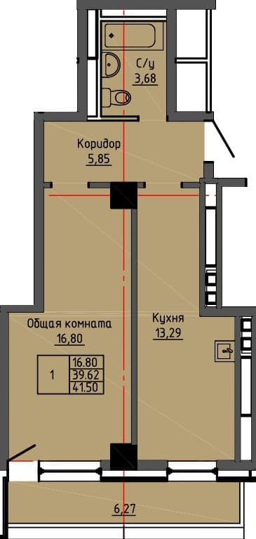 1 комн., 41.5 м²