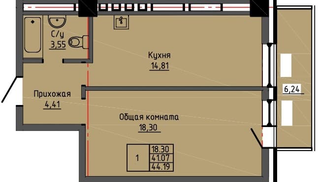 1 комн., 44.2 м²