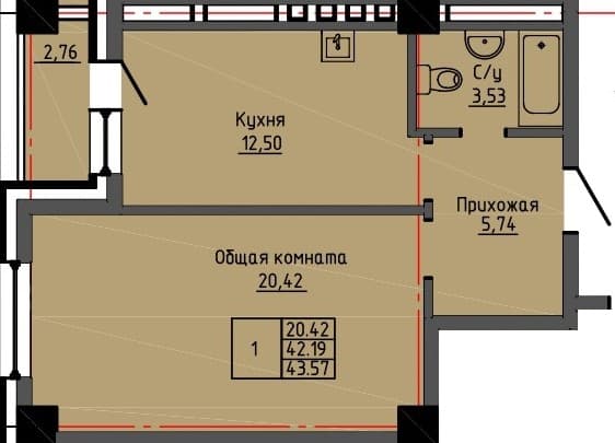 1 комн., 43.6 м²