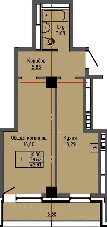 1 комн., 42.8 м²